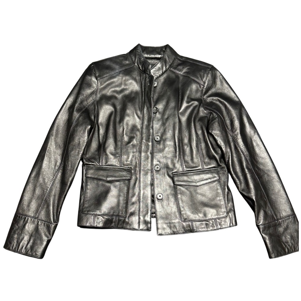 Black leather jacket medium genuine luxury mock collar clean staple baddie biker